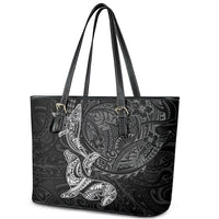 Hawaiian Monk Seal and Whale Leather Tote Bag Kakau Tribal Pattern Grayscale LT03 - Polynesian Pride
