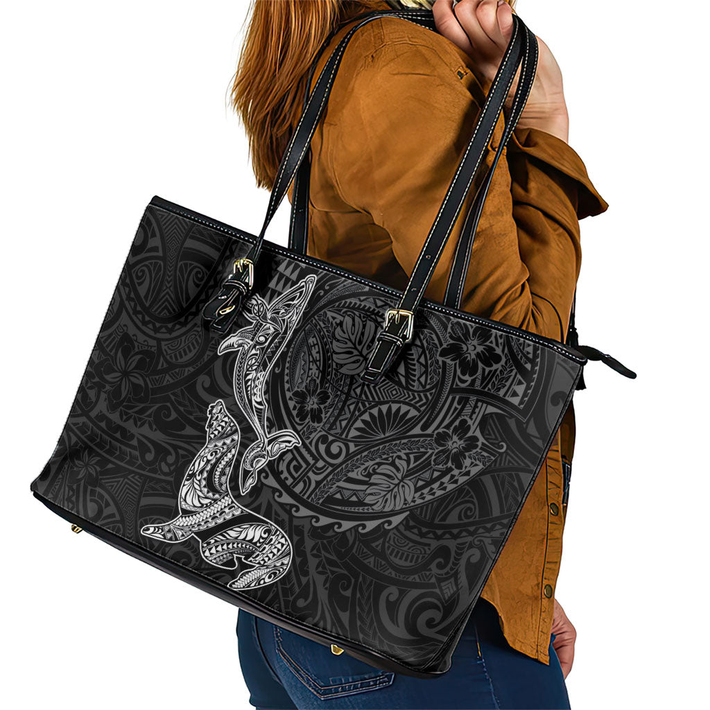 Hawaiian Monk Seal and Whale Leather Tote Bag Kakau Tribal Pattern Grayscale LT03 - Polynesian Pride