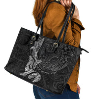 Hawaiian Monk Seal and Whale Leather Tote Bag Kakau Tribal Pattern Grayscale LT03 - Polynesian Pride