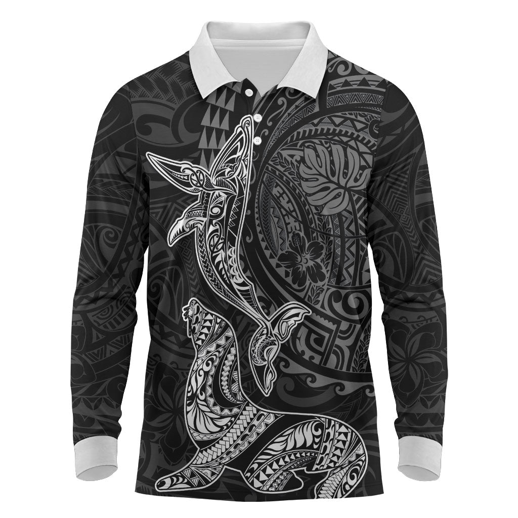 Hawaiian Monk Seal and Whale Long Sleeve Polo Shirt Kakau Tribal Pattern Grayscale