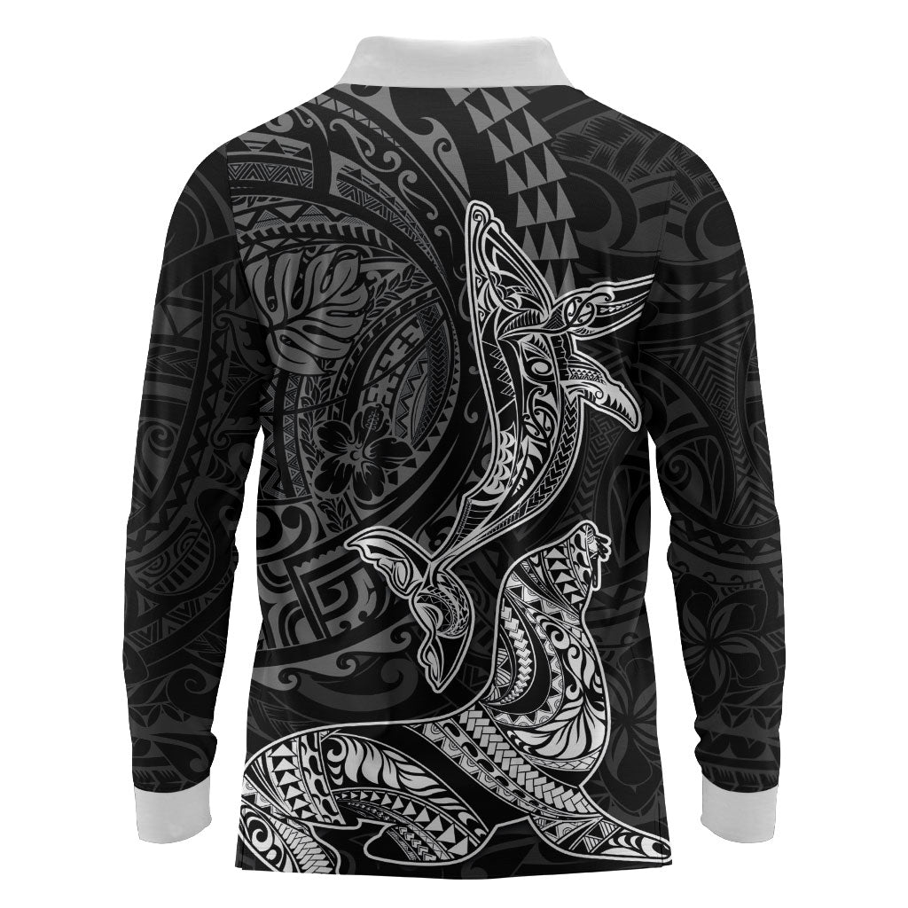 Hawaiian Monk Seal and Whale Long Sleeve Polo Shirt Kakau Tribal Pattern Grayscale