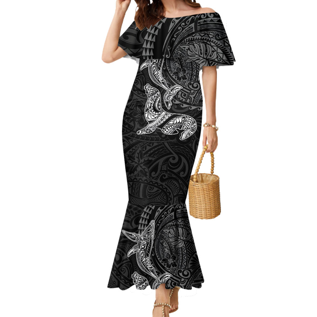 Hawaiian Monk Seal and Whale Mermaid Dress Kakau Tribal Pattern Grayscale LT03 Women Black - Polynesian Pride