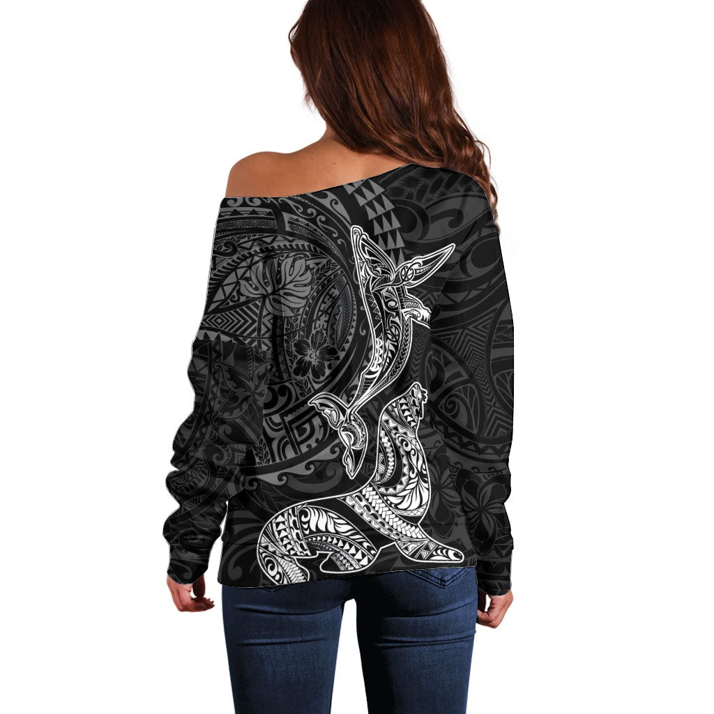 Hawaiian Monk Seal and Whale Off Shoulder Sweater Kakau Tribal Pattern Grayscale