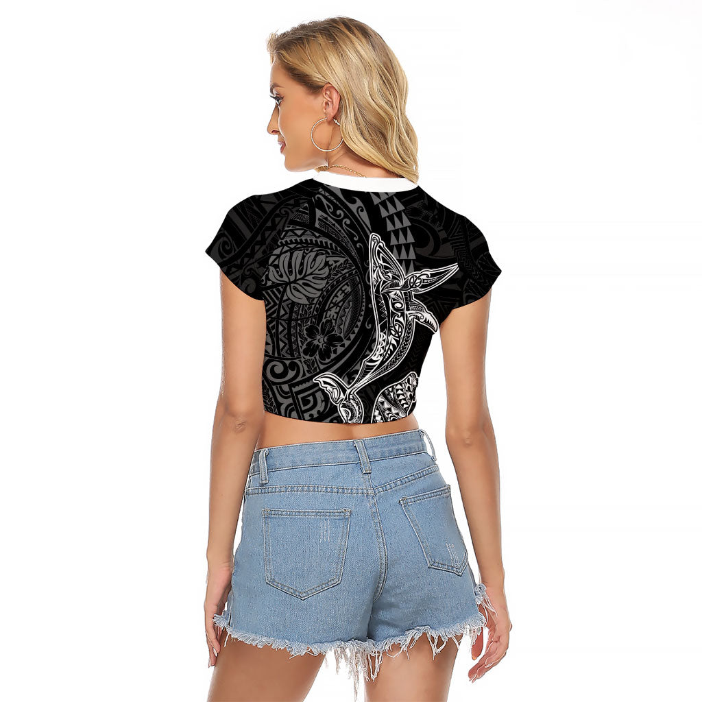 Hawaiian Monk Seal and Whale Raglan Cropped T Shirt Kakau Tribal Pattern Grayscale