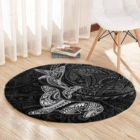 Hawaiian Monk Seal and Whale Round Carpet Kakau Tribal Pattern Grayscale