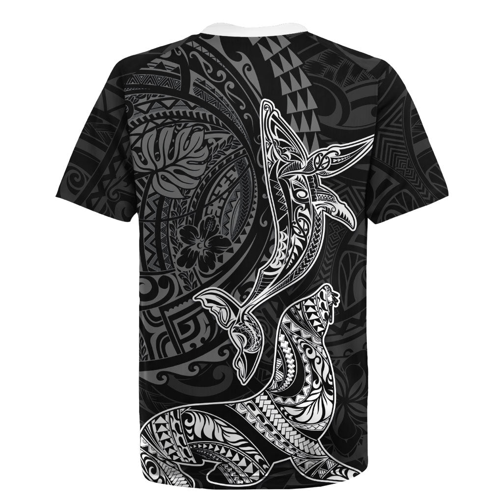 Hawaiian Monk Seal and Whale Rugby Jersey Kakau Tribal Pattern Grayscale