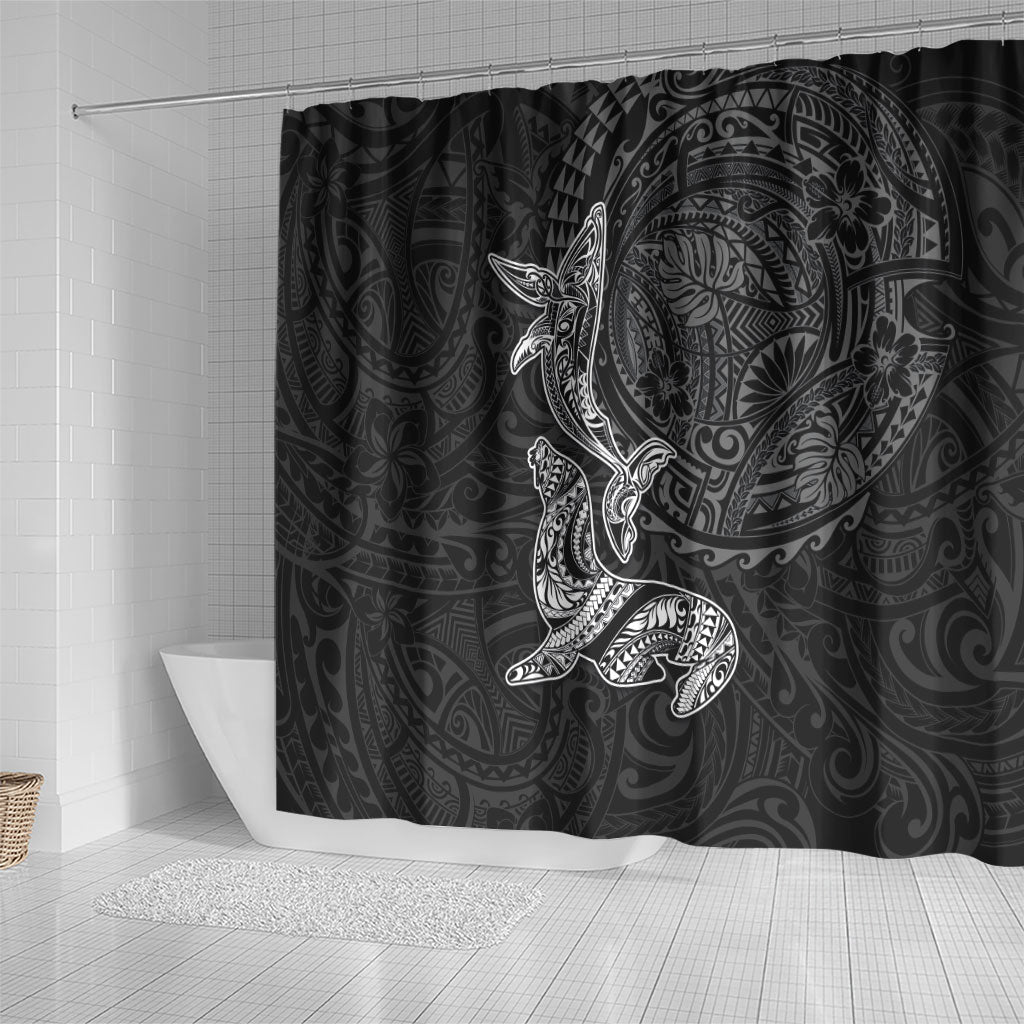Hawaiian Monk Seal and Whale Shower Curtain Kakau Tribal Pattern Grayscale