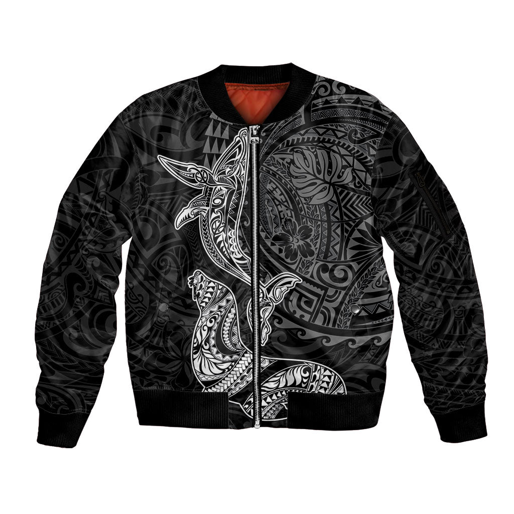 Hawaiian Monk Seal and Whale Sleeve Zip Bomber Jacket Kakau Tribal Pattern Grayscale LT03 Unisex Black - Polynesian Pride