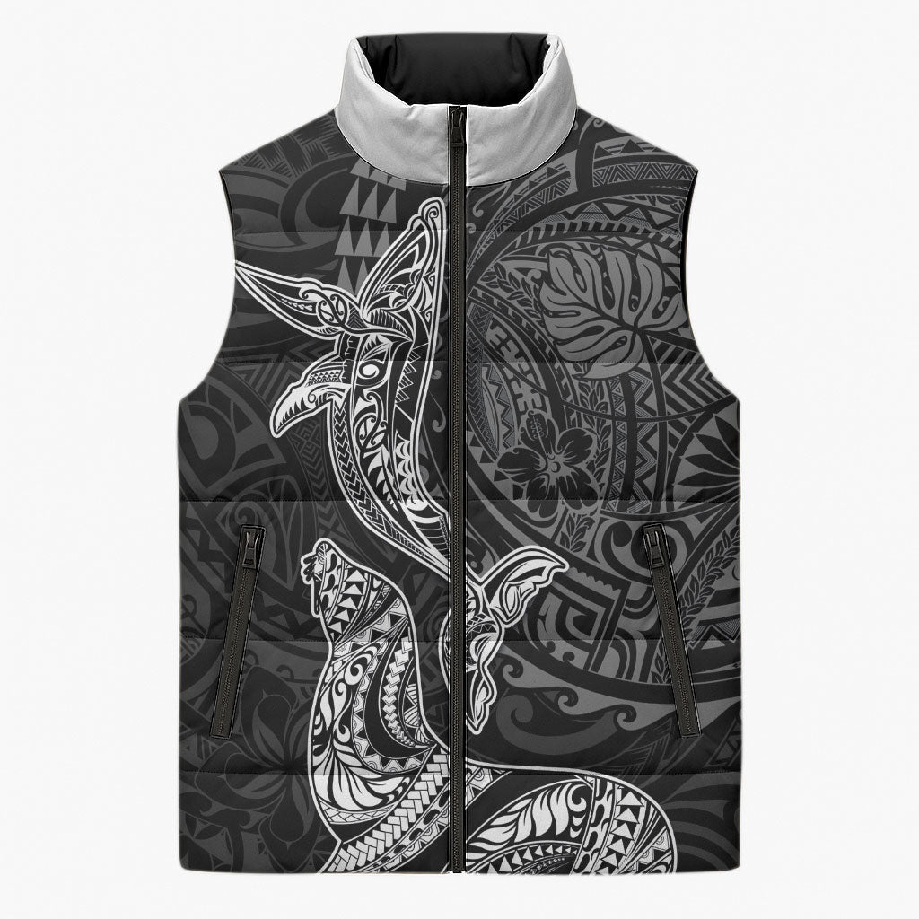 Hawaiian Monk Seal and Whale Sleeveless Puffer Jacket Kakau Tribal Pattern Grayscale LT03 Unisex Black - Polynesian Pride