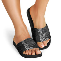 Hawaiian Monk Seal and Whale Slide Sandals Kakau Tribal Pattern Grayscale