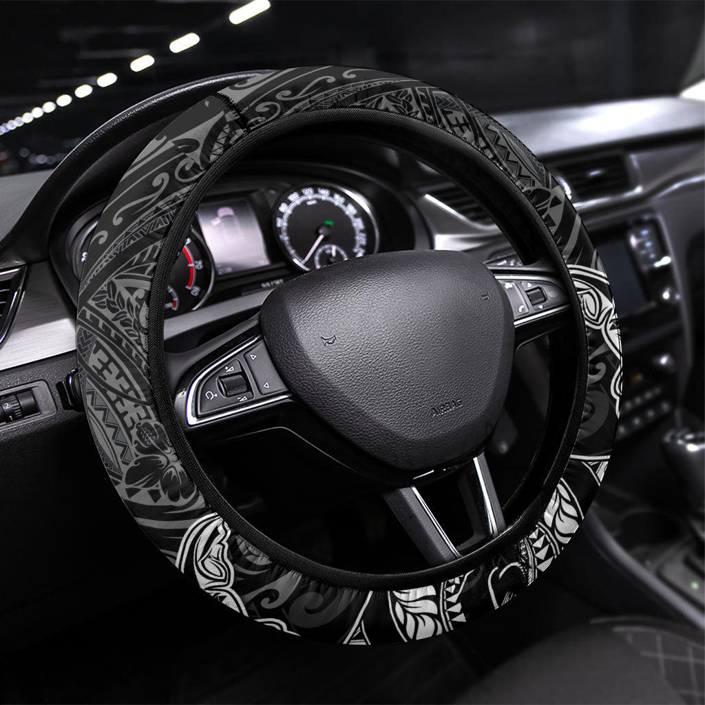 Hawaiian Monk Seal and Whale Steering Wheel Cover Kakau Tribal Pattern Grayscale LT03 Universal Fit Black - Polynesian Pride