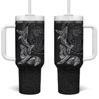 Hawaiian Monk Seal and Whale Tumbler With Handle Kakau Tribal Pattern Grayscale