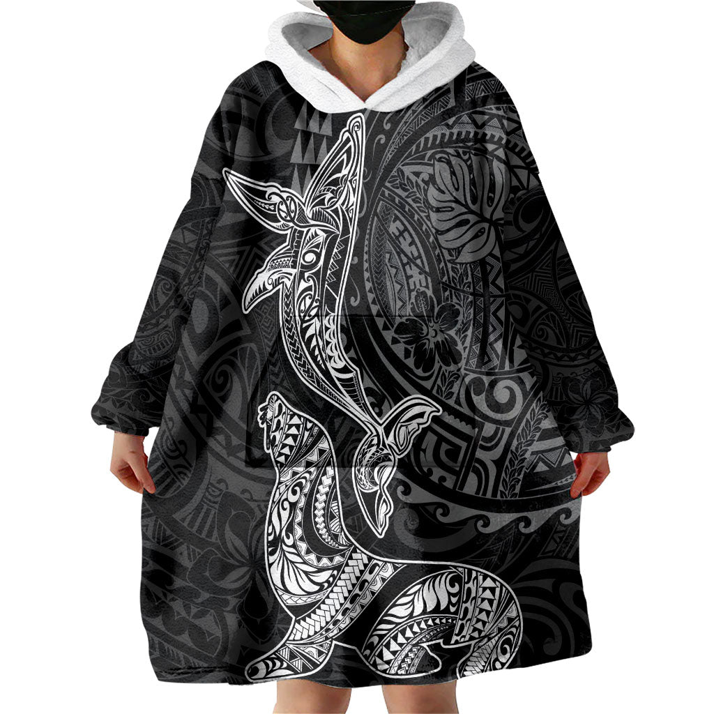 Hawaiian Monk Seal and Whale Wearable Blanket Hoodie Kakau Tribal Pattern Grayscale