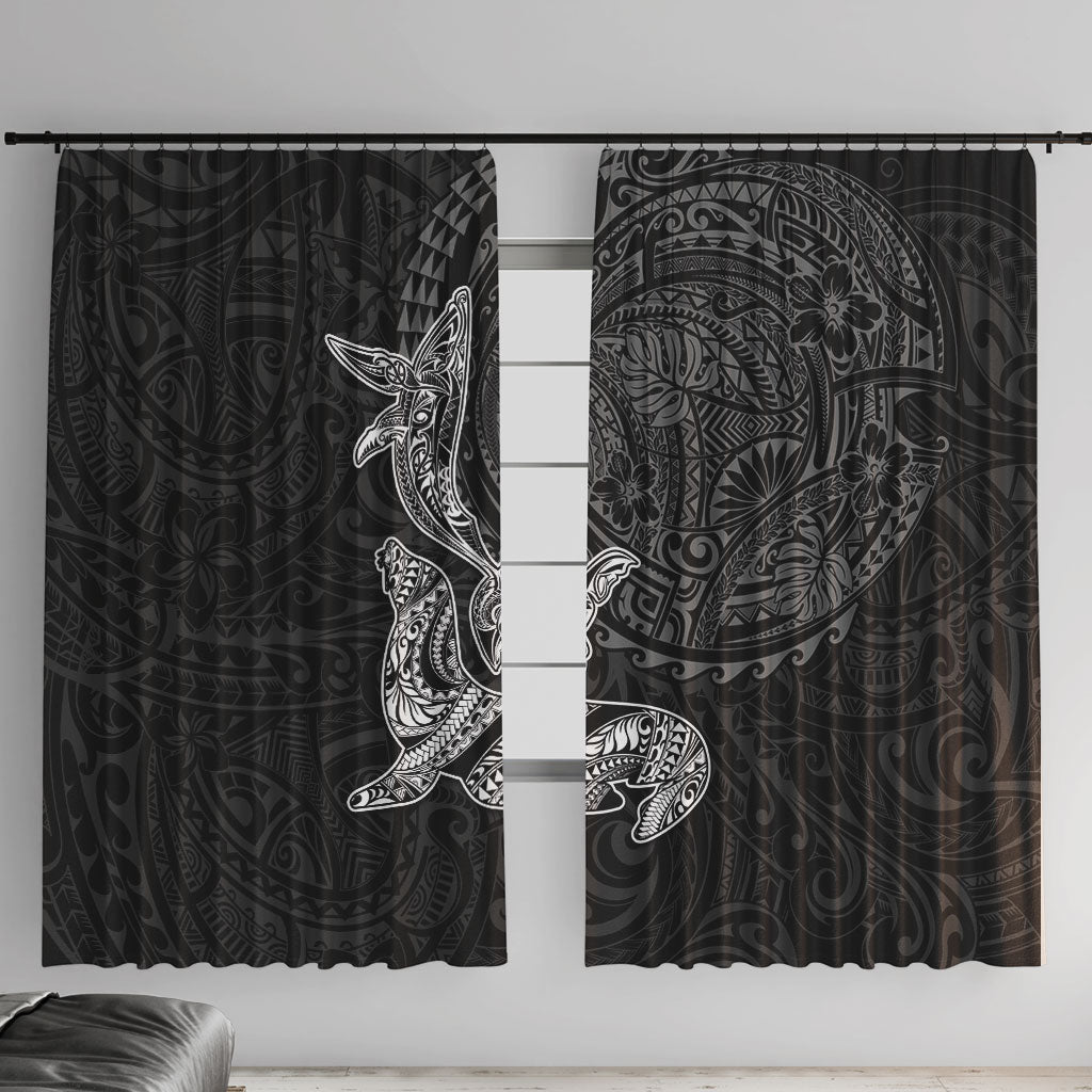Hawaiian Monk Seal and Whale Window Curtain Kakau Tribal Pattern Grayscale LT03 With Hooks Black - Polynesian Pride