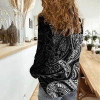 Hawaiian Monk Seal and Whale Women Casual Shirt Kakau Tribal Pattern Grayscale