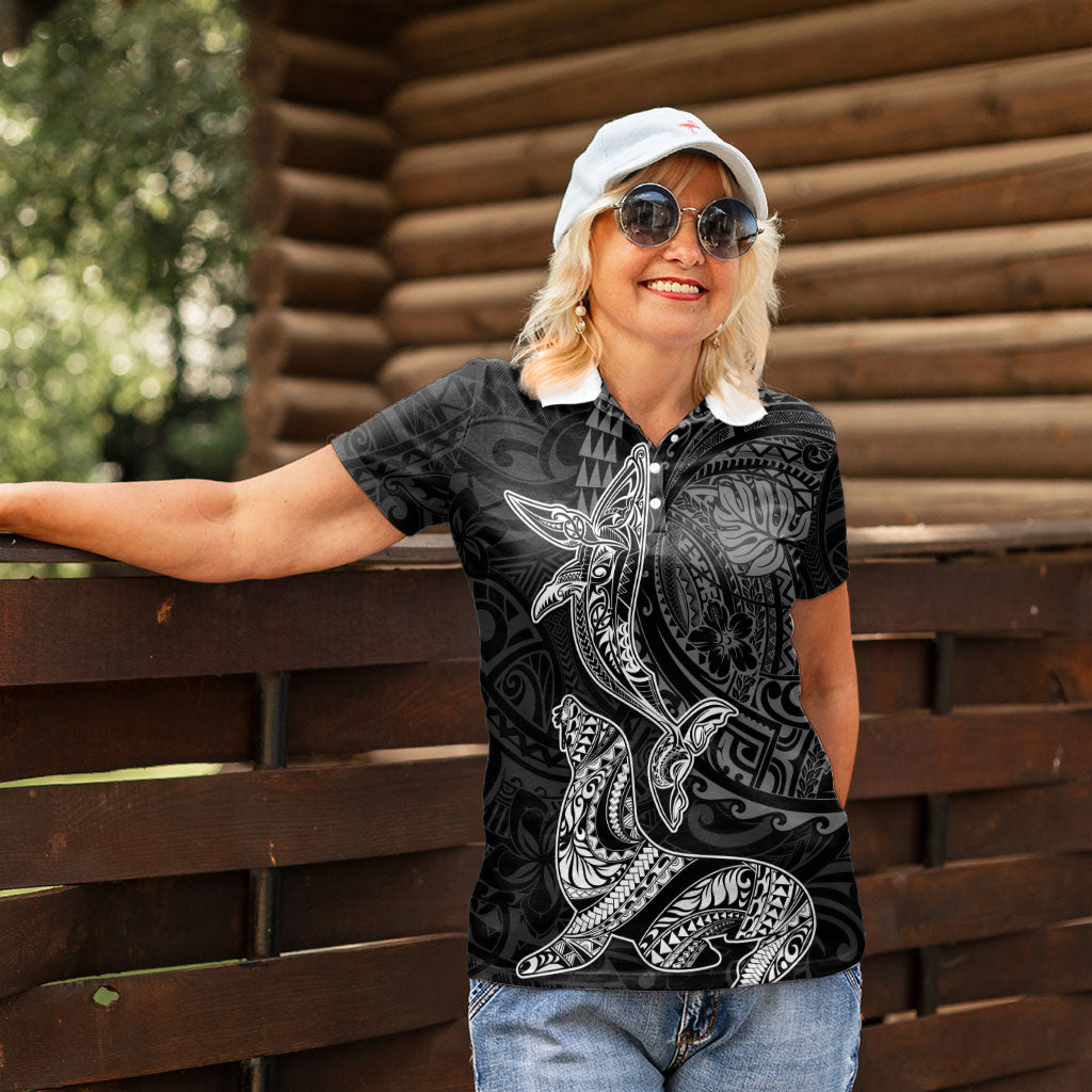 Hawaiian Monk Seal and Whale Women Polo Shirt Kakau Tribal Pattern Grayscale