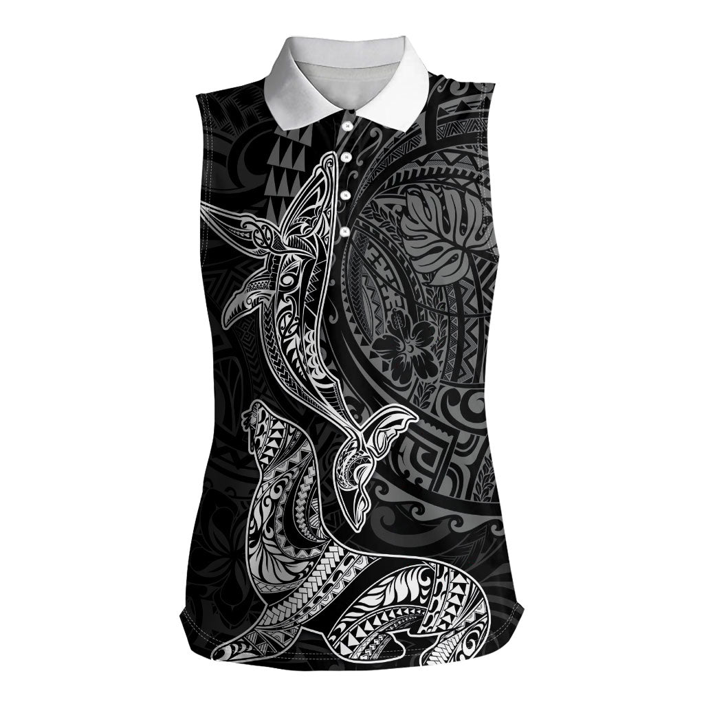 Hawaiian Monk Seal and Whale Women Sleeveless Polo Shirt Kakau Tribal Pattern Grayscale LT03 Female Black - Polynesian Pride