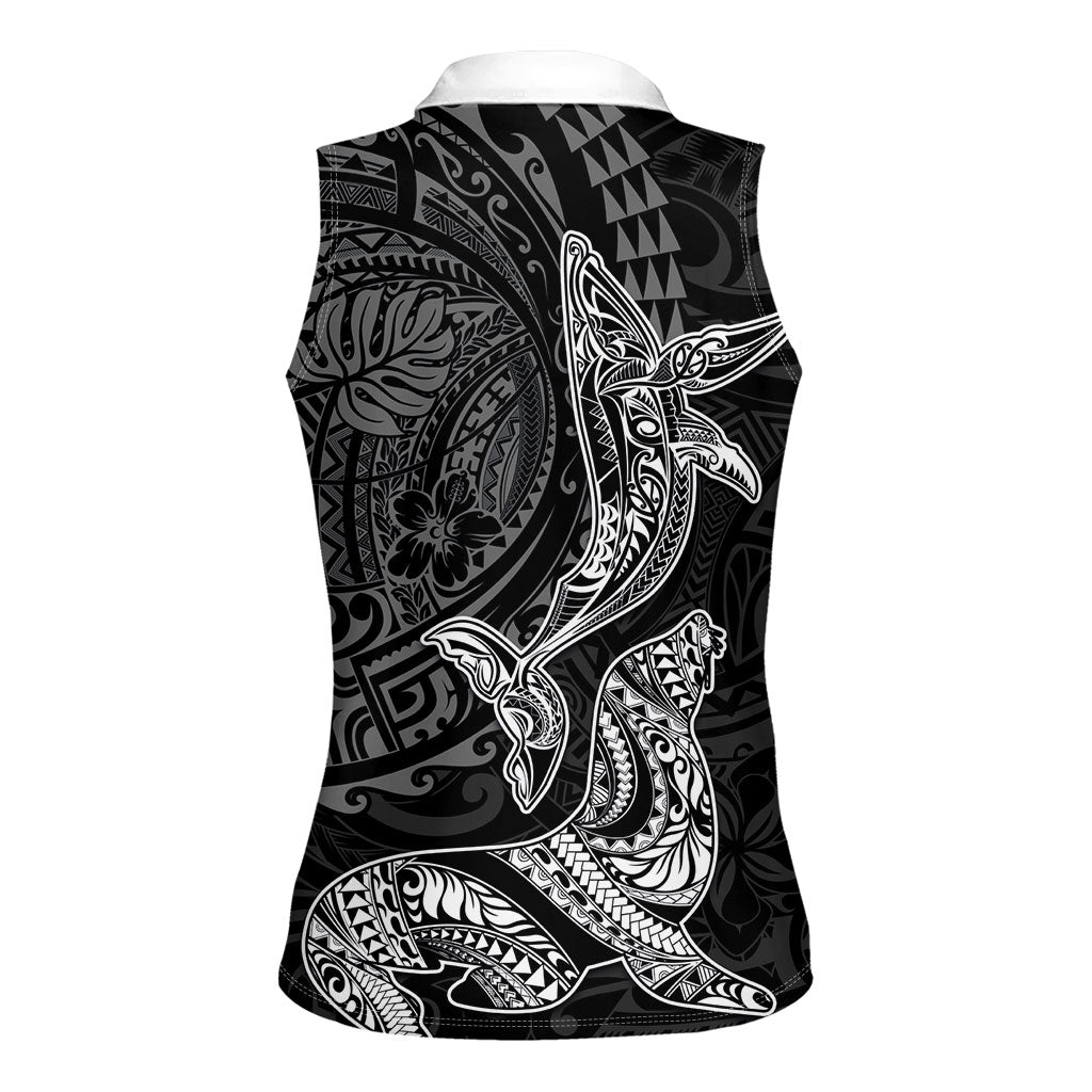 Hawaiian Monk Seal and Whale Women Sleeveless Polo Shirt Kakau Tribal Pattern Grayscale LT03 - Polynesian Pride