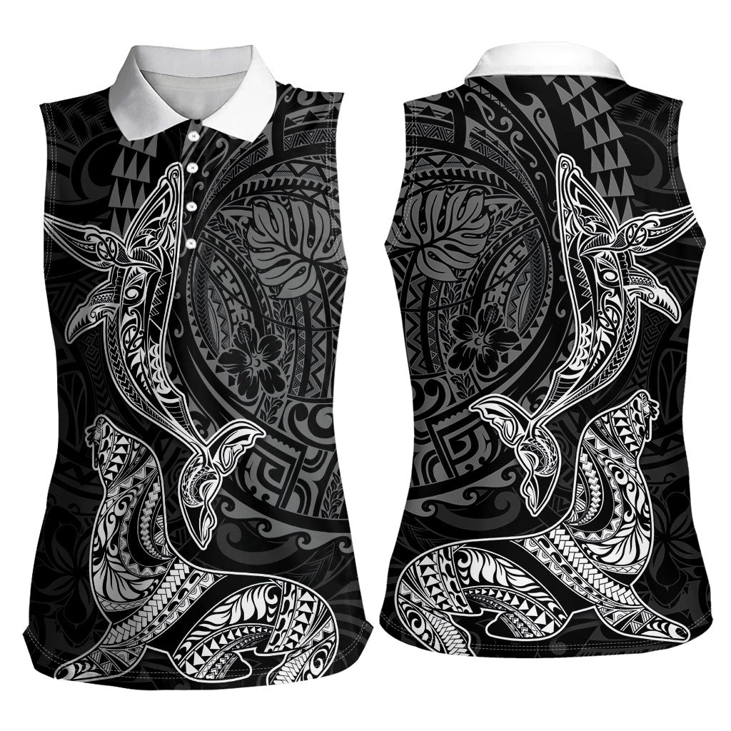 Hawaiian Monk Seal and Whale Women Sleeveless Polo Shirt Kakau Tribal Pattern Grayscale LT03 - Polynesian Pride