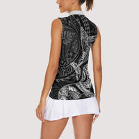 Hawaiian Monk Seal and Whale Women Sleeveless Polo Shirt Kakau Tribal Pattern Grayscale LT03 - Polynesian Pride