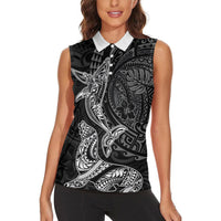 Hawaiian Monk Seal and Whale Women Sleeveless Polo Shirt Kakau Tribal Pattern Grayscale LT03 - Polynesian Pride