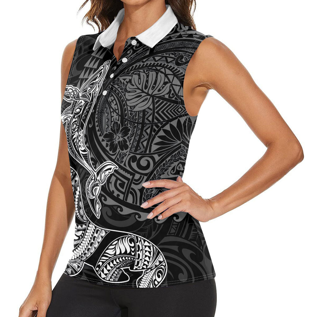 Hawaiian Monk Seal and Whale Women Sleeveless Polo Shirt Kakau Tribal Pattern Grayscale LT03 - Polynesian Pride