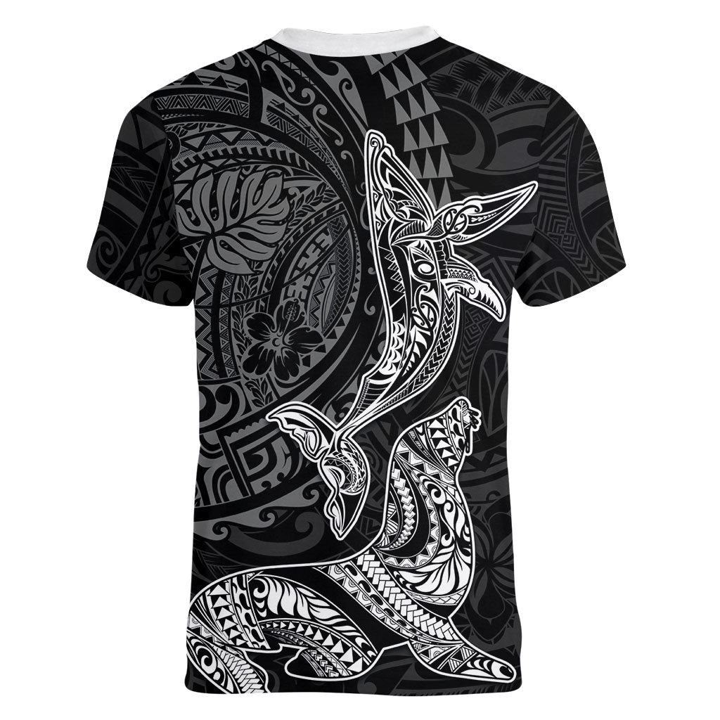 Hawaiian Monk Seal and Whale Women V-Neck T-Shirt Kakau Tribal Pattern Grayscale