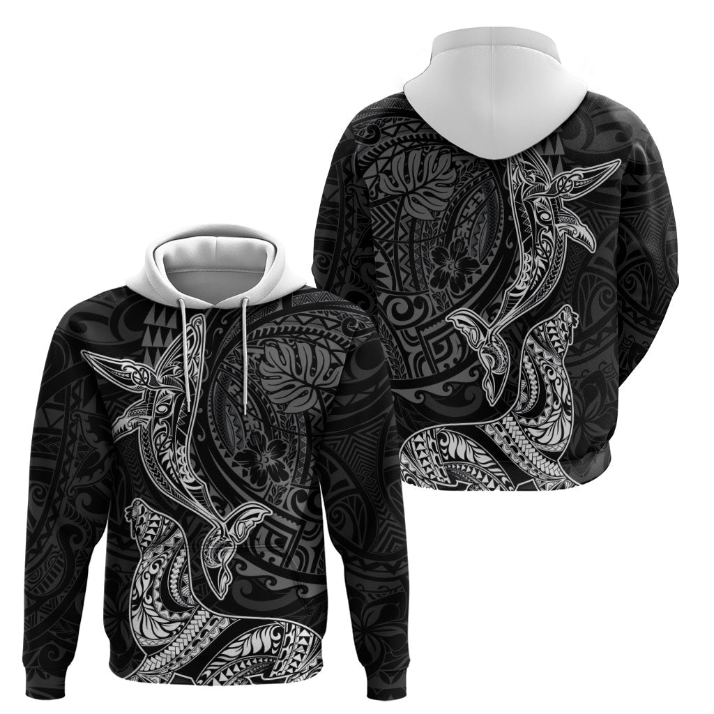 Hawaiian Monk Seal and Whale Zip Hoodie Kakau Tribal Pattern Grayscale