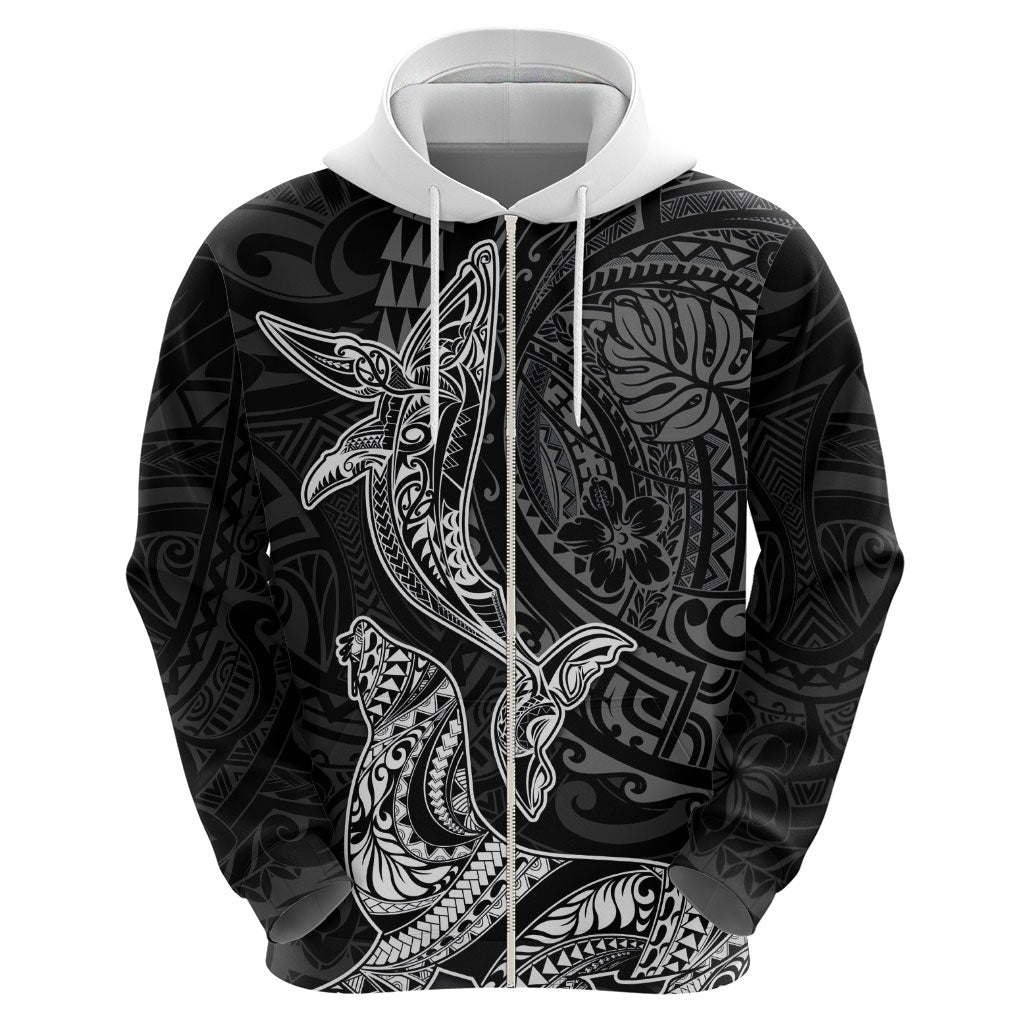 Hawaiian Monk Seal and Whale Zip Hoodie Kakau Tribal Pattern Grayscale