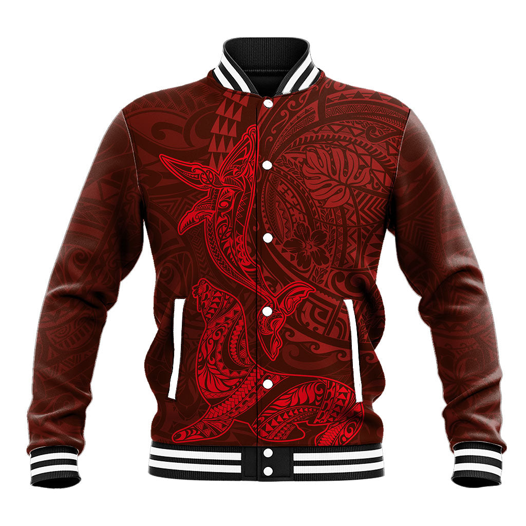 Hawaiian Monk Seal and Whale Baseball Jacket Kakau Tribal Pattern Red Color