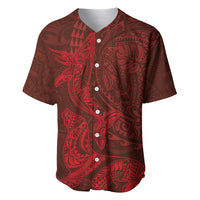 Hawaiian Monk Seal and Whale Baseball Jersey Kakau Tribal Pattern Red Color LT03 Red - Polynesian Pride