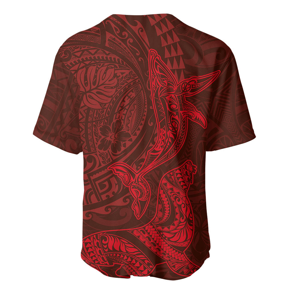 Hawaiian Monk Seal and Whale Baseball Jersey Kakau Tribal Pattern Red Color LT03 - Polynesian Pride