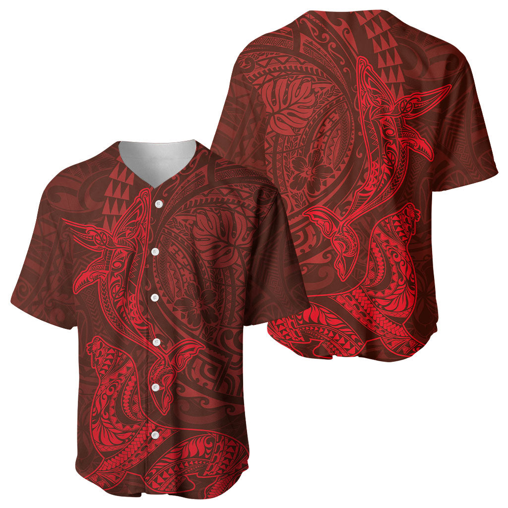 Hawaiian Monk Seal and Whale Baseball Jersey Kakau Tribal Pattern Red Color LT03 - Polynesian Pride