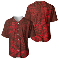 Hawaiian Monk Seal and Whale Baseball Jersey Kakau Tribal Pattern Red Color LT03 - Polynesian Pride