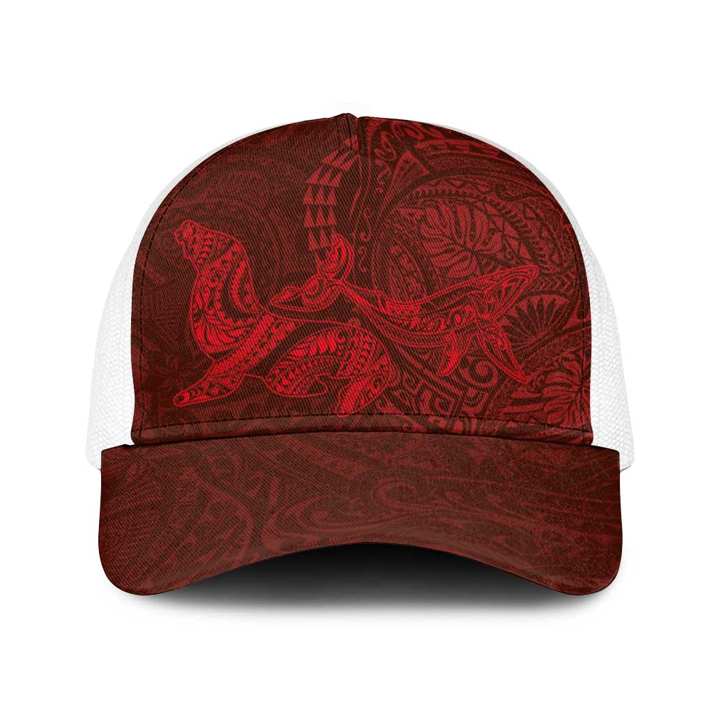 Hawaiian Monk Seal and Whale Baseball Net Cap Kakau Tribal Pattern Red Color LT03 One Size White Red - Polynesian Pride