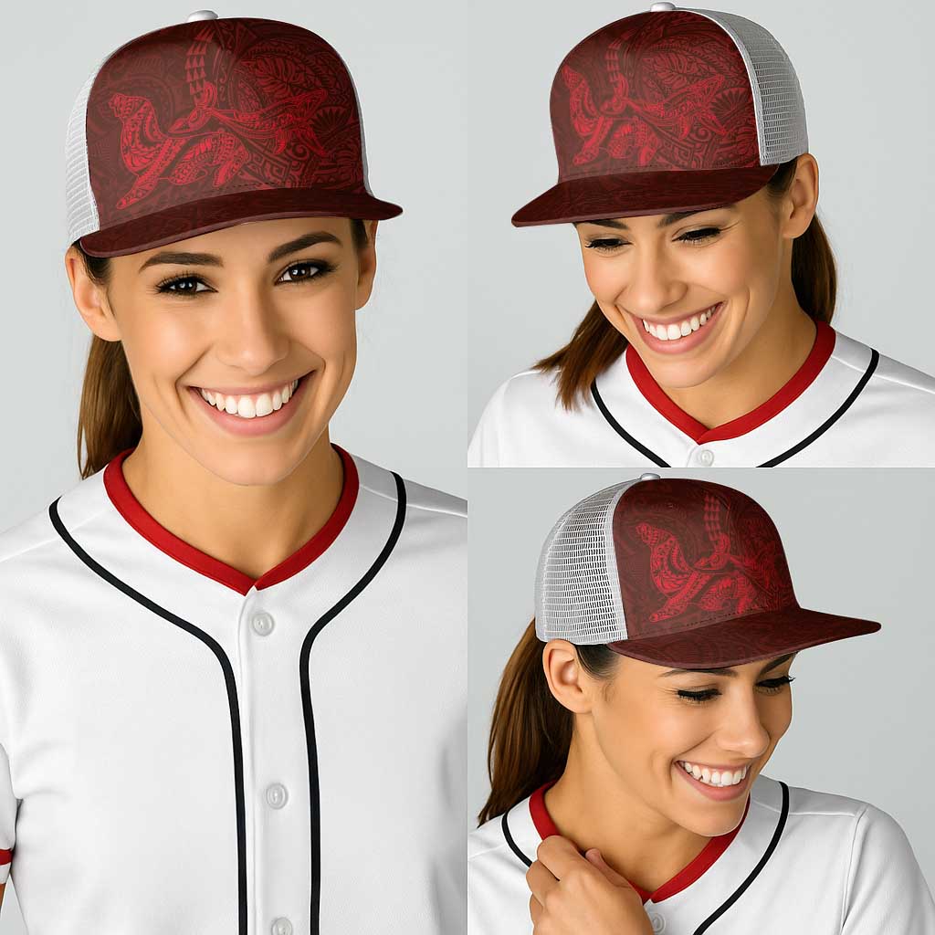 Hawaiian Monk Seal and Whale Baseball Net Cap Kakau Tribal Pattern Red Color LT03 - Polynesian Pride