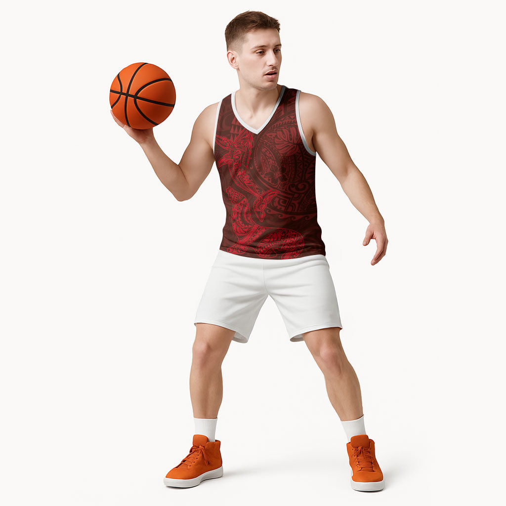 Hawaiian Monk Seal and Whale Basketball Jersey Kakau Tribal Pattern Red Color