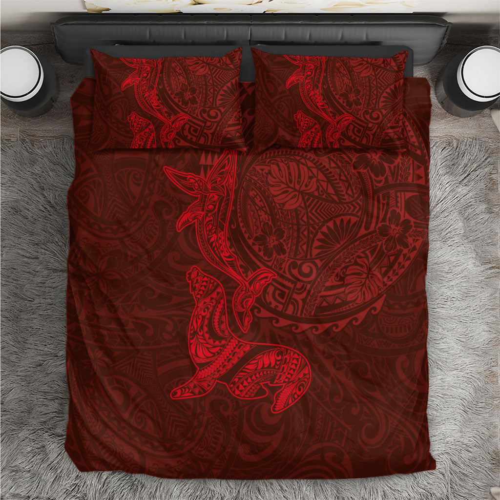Hawaiian Monk Seal and Whale Bedding Set Kakau Tribal Pattern Red Color