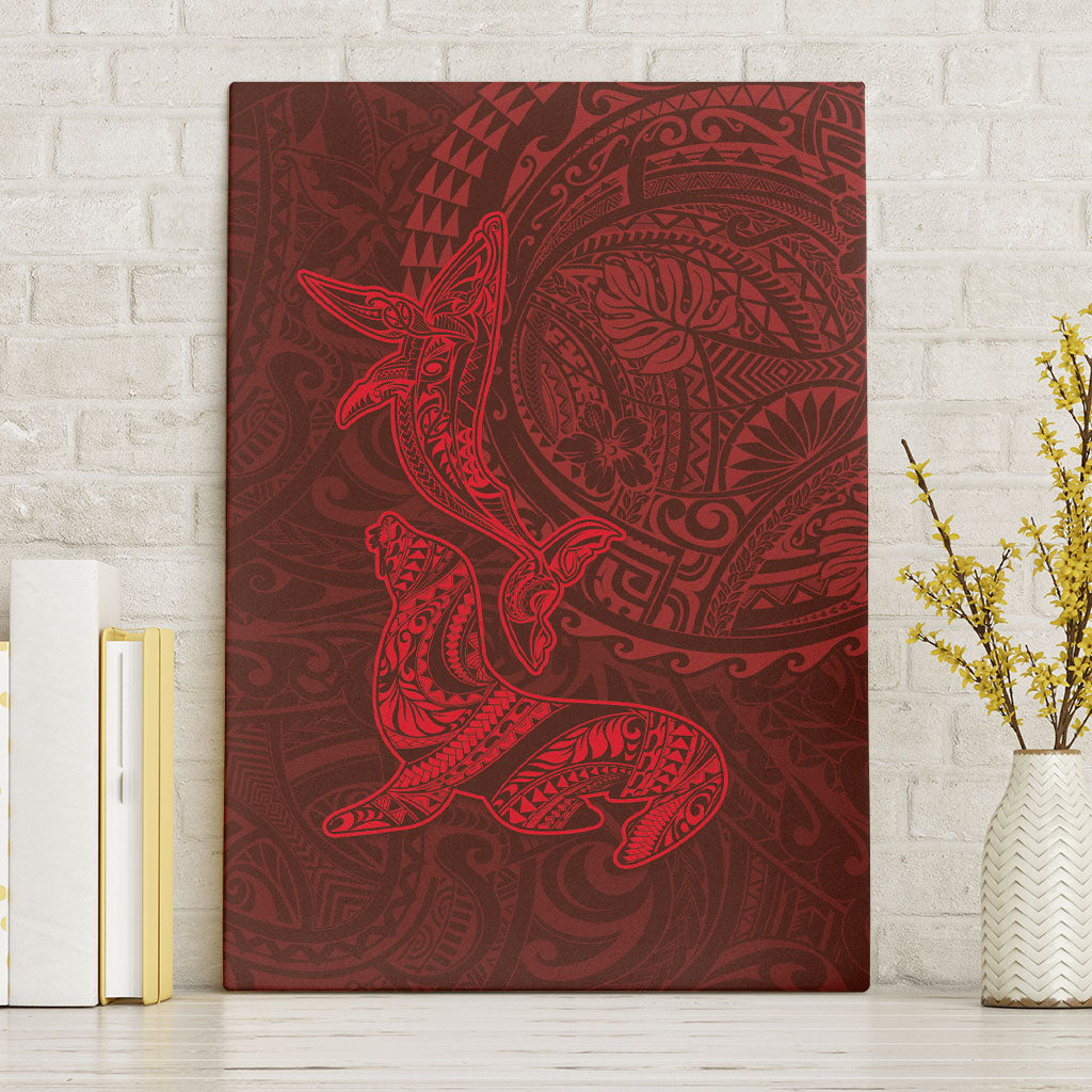 Hawaiian Monk Seal and Whale Canvas Wall Art Kakau Tribal Pattern Red Color