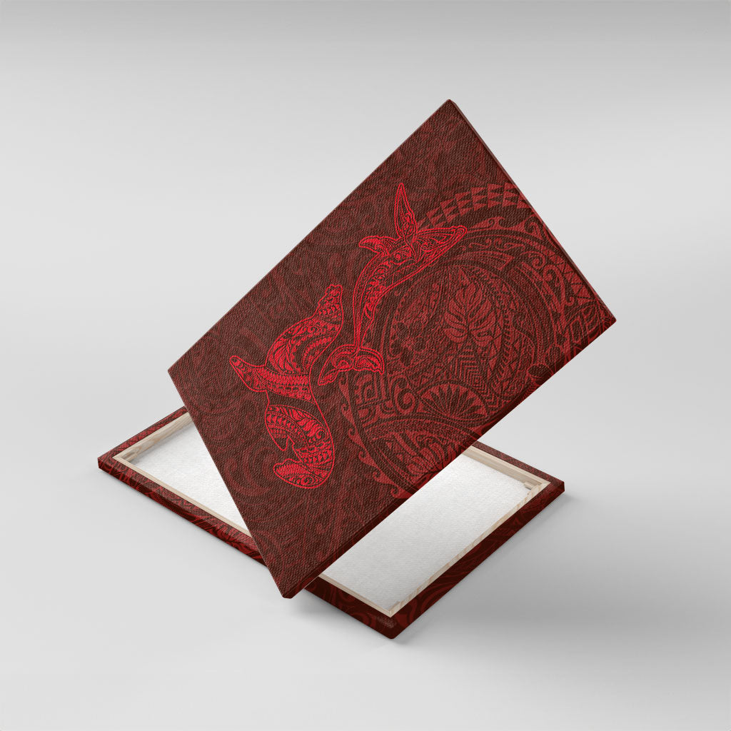 Hawaiian Monk Seal and Whale Canvas Wall Art Kakau Tribal Pattern Red Color
