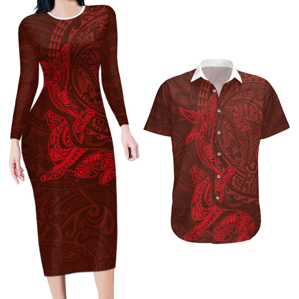 Hawaiian Monk Seal and Whale Couples Matching Long Sleeve Bodycon Dress and Hawaiian Shirt Kakau Tribal Pattern Red Color LT03 Red - Polynesian Pride