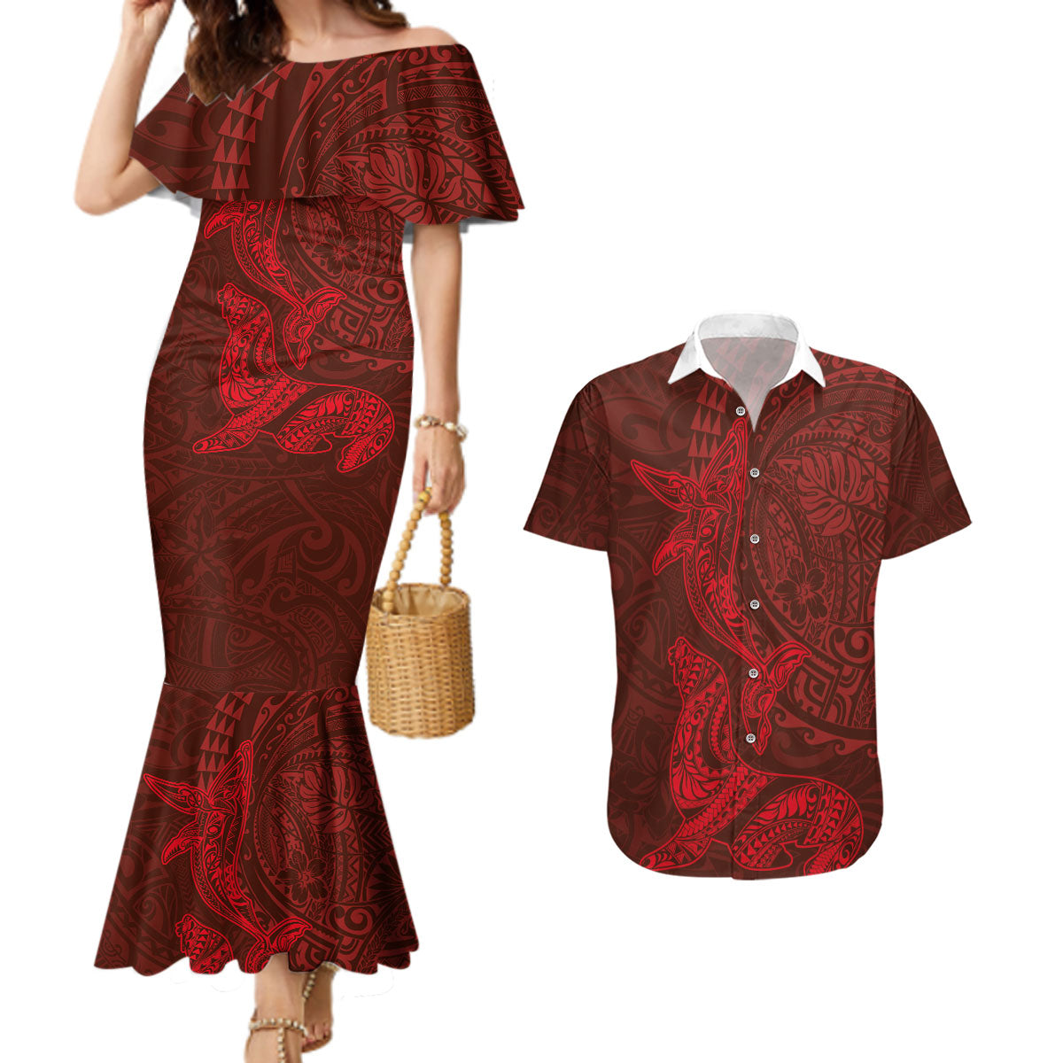 Hawaiian Monk Seal and Whale Couples Matching Mermaid Dress and Hawaiian Shirt Kakau Tribal Pattern Red Color LT03 Red - Polynesian Pride
