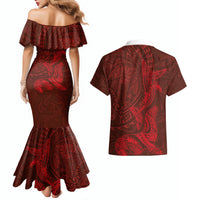 Hawaiian Monk Seal and Whale Couples Matching Mermaid Dress and Hawaiian Shirt Kakau Tribal Pattern Red Color LT03 - Polynesian Pride