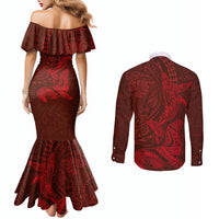 Hawaiian Monk Seal and Whale Couples Matching Mermaid Dress and Long Sleeve Button Shirt Kakau Tribal Pattern Red Color LT03 - Polynesian Pride