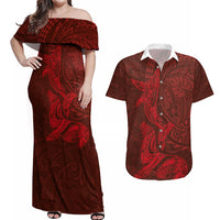 Hawaiian Monk Seal and Whale Couples Matching Off Shoulder Maxi Dress and Hawaiian Shirt Kakau Tribal Pattern Red Color LT03 Red - Polynesian Pride
