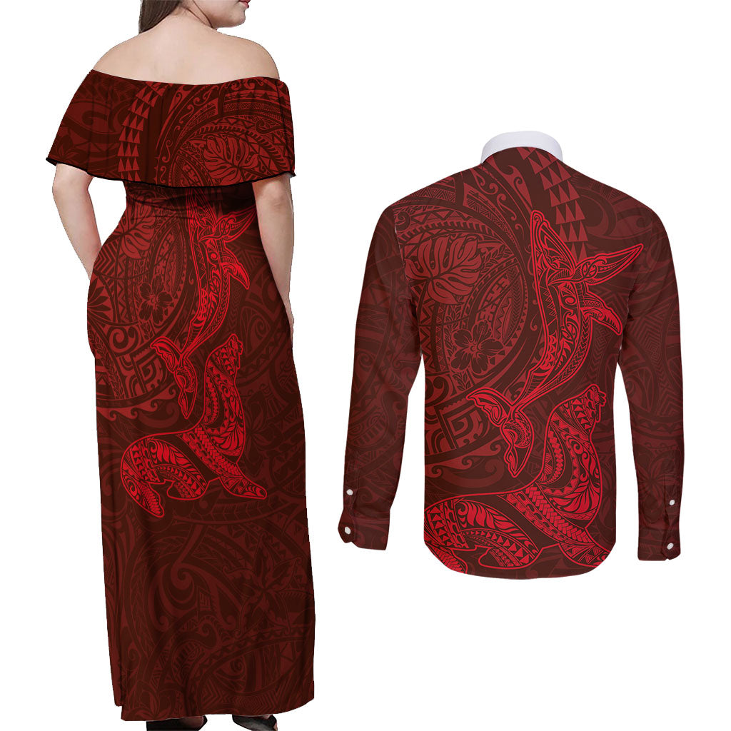Hawaiian Monk Seal and Whale Couples Matching Off Shoulder Maxi Dress and Long Sleeve Button Shirt Kakau Tribal Pattern Red Color LT03 - Polynesian Pride