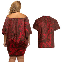 Hawaiian Monk Seal and Whale Couples Matching Off Shoulder Short Dress and Hawaiian Shirt Kakau Tribal Pattern Red Color LT03 - Polynesian Pride