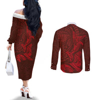 Hawaiian Monk Seal and Whale Couples Matching Off The Shoulder Long Sleeve Dress and Long Sleeve Button Shirt Kakau Tribal Pattern Red Color LT03 - Polynesian Pride