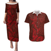 Hawaiian Monk Seal and Whale Couples Matching Puletasi and Hawaiian Shirt Kakau Tribal Pattern Red Color LT03 Red - Polynesian Pride