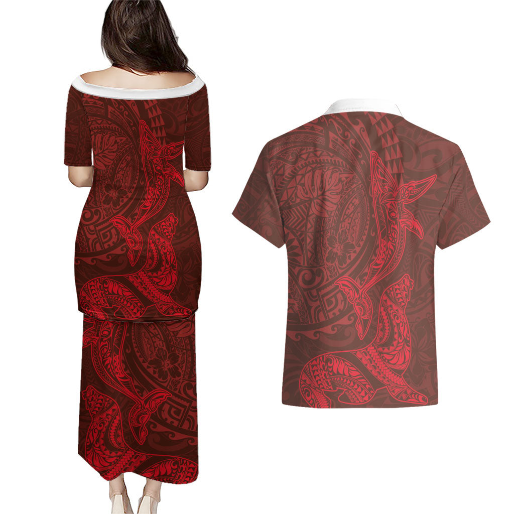 Hawaiian Monk Seal and Whale Couples Matching Puletasi and Hawaiian Shirt Kakau Tribal Pattern Red Color LT03 - Polynesian Pride